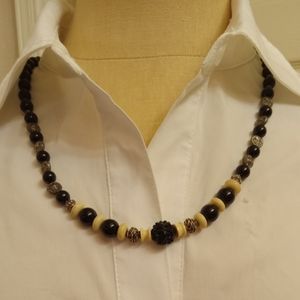 Vintage ONYX Necklace, adorned with Onyx, bone and silver Beads